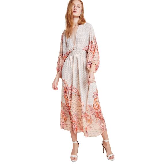 Misa Emala Floral Paisley Coral Plunging Neckline Long Sleeve Maxi Dress Sz M